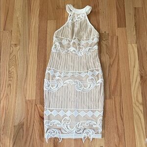 Mura Cocktail Mini Dress Womens XS White Cream Lace Halter Bodycon Elegant Tea